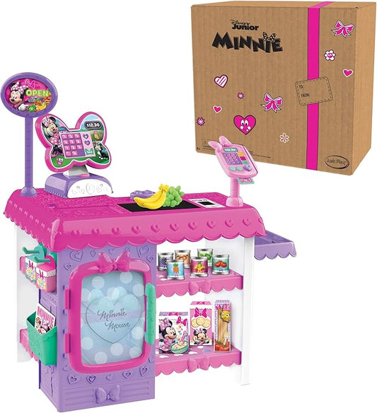 Disney Junior Minnie Mouse Marvelous Market, Pretend Play Cash Register with Realistic Sounds, 38 Play Food Pieces and Accessories, Officially Licensed Kids Toys for Ages 3 Up by Just Play