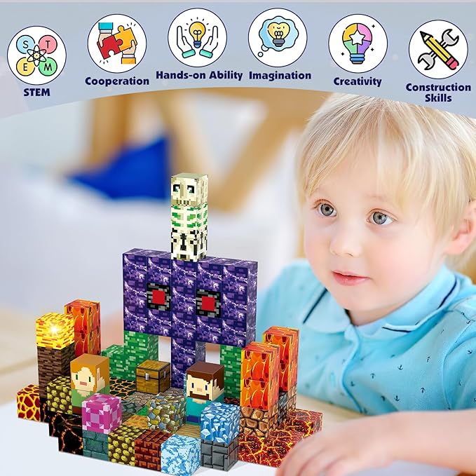 AIDYVOI 100pcs Magnetic Blocks, Magnetic Building Blocks Toys STEM Construction Toys Toddlers Age 3-8, Light Up Magnet Cubes Montessori Sensory Stacking Toy for Boys Birthday Gift