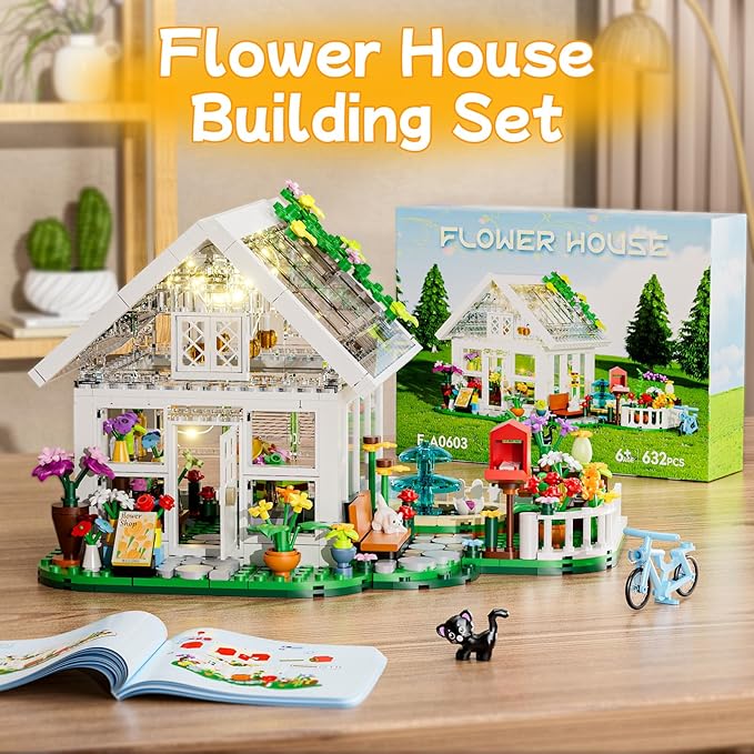Flower House Building Set with LED Lights,Flower Shop Building Kits Creative Floral Greenhouse Kit for Girls Age 6+ (625PCS)