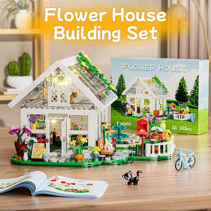 Flower House Building Set with LED Lights,Flower Shop Building Kits Creative Floral Greenhouse Kit for Girls Age 6+ (625PCS)