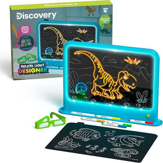 Discovery™ Deluxe Light Designer 6-In-1 Art Board – Includes 3D Glasses, 6 Washable Markers, Templates, 12 Light Modes| Kids Drawing Tablet, LED Scribble Doodle Electronic Drawing Pad Activity Toy Set