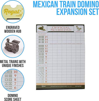 Regal Games Mexican Train Domino Expansion Set - 8 Metal Marker Trains with Unique Finishes - Replacement Wooden Hub - Scoresheet