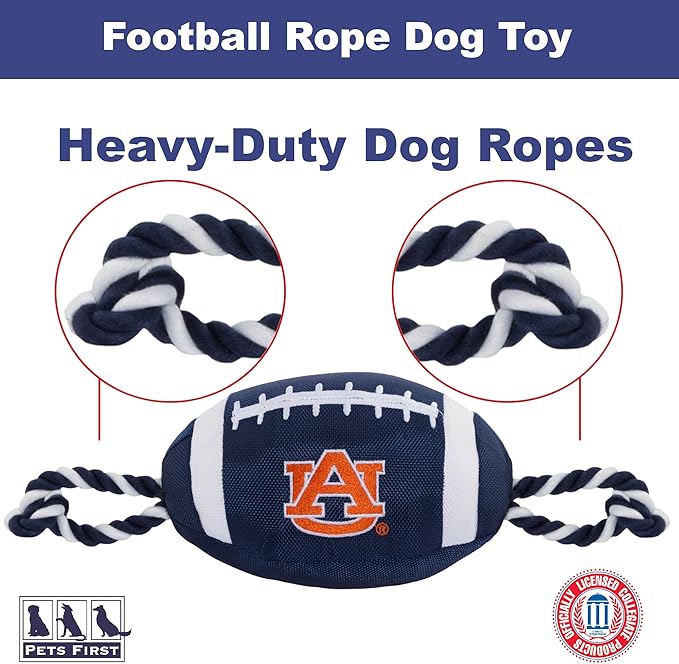 Pets First NCAA Auburn Tigers Football Dog Toy, Tough Quality Nylon Materials, Strong Pull Ropes, Inner Squeaker, Collegiate Team Color