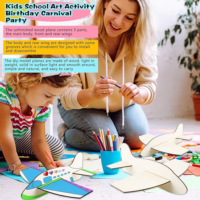 24 Pack Unfinished Wooden Airplane Model Toys DIY Model Planes Wood Plane kit Handcraft Plane to Paint for Kids School Art Activity Birthday Carnival Party (Color Style 1)