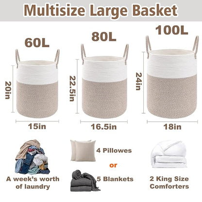 JMvicyroam Large Woven Laundry Basket Hamper,80L Cotton Rope Storage Bin for Blankets,Toys and Clothes,Decorative Tall Nursery Hamper for Living Room,Baby Nursery,Bathroom and Bedroom,Brown