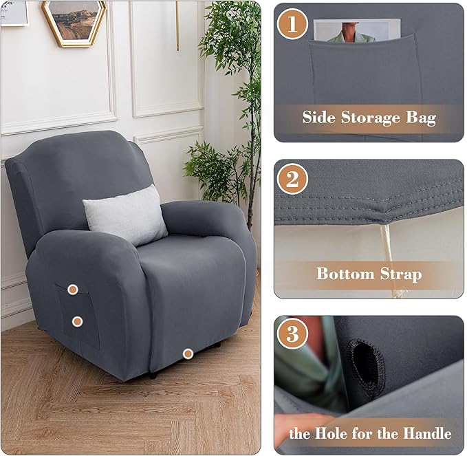Jin Le 4 Pieces Recliner Cover Stretch Recliner Chair Cover 1 Seater Recliner Couch Covers Sofa Covers Stretch Soft Furniture Protector with Elastic Bottom and Ties for Kids Pet(Recliner, Light Gray)