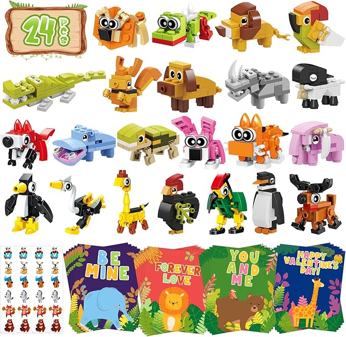 Erweicet Valentines Day Gifts for Kids 24 PCS Animals Building Blocks with Valentines Gift Cards for Kids Boys Girls Classroom Gift Exchange