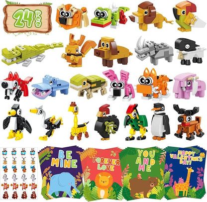 Erweicet Valentines Day Gifts for Kids 24 PCS Animals Building Blocks with Valentines Gift Cards for Kids Boys Girls Classroom Gift Exchange