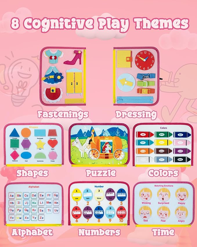 Busy Board for 1 Year Old, Busy Book for Toddlers 1-3, 2 Year Old Girl Toys, Montessori Toys for 1 Year Old, Educational Sensory Activities, Learning Fine Motor Skills Travel Toy for Toddler(Pink)
