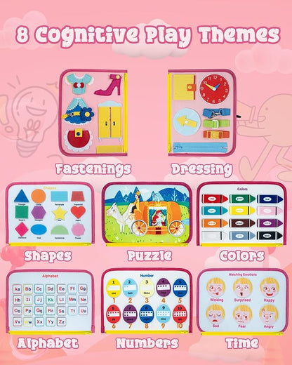 Busy Board for 1 Year Old, Busy Book for Toddlers 1-3, 2 Year Old Girl Toys, Montessori Toys for 1 Year Old, Educational Sensory Activities, Learning Fine Motor Skills Travel Toy for Toddler(Pink)