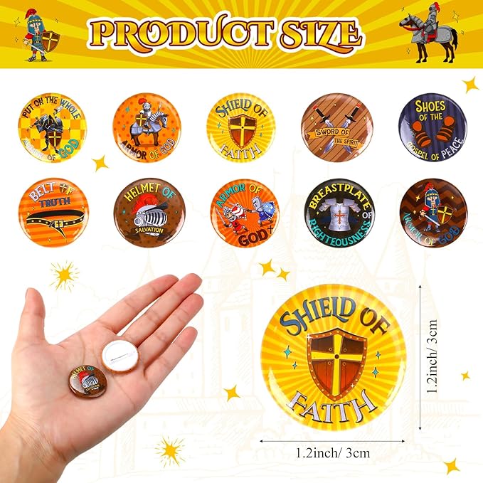 Frienda 60 Pieces Religious Knight Slap Bracelets with Button Pins Medieval Theme Wristbands Snap Bracelets Christian Pinback Buttons for Kids Christian Party Favors Sunday School Gifts