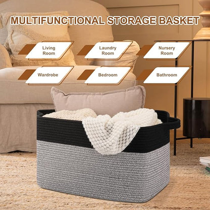 OIASKET Blanket Basket for Living Room, Woven Cotton Rope Basket for Storage Clothes, Towels, Pillows, Toy Storage Bin for kids with Handles, 20" x 16" x 12", Black and Grey (Pack of 2)