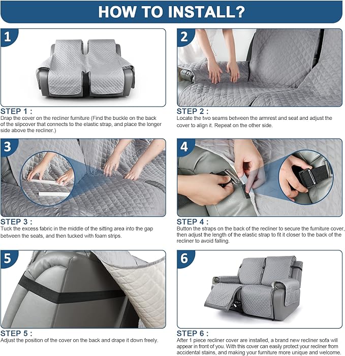 TAOCOCO Loveseat Recliner Cover Non-Slip Sofa Slipcover, Pet Cover for Loveseat Recliner with Elastic Straps, Washable Reclining Loveseat Cover Recliner Furniture Protector (2 Seater, Light Gray)