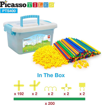 PicassoTiles 400pc Construction Toy Straw Building Set Children STEM Learning Interlocking Building Toys Creative Straw Connecting Builder Kits Early Education Kit for Kids Boys & Girls Ages 3+ PTS400