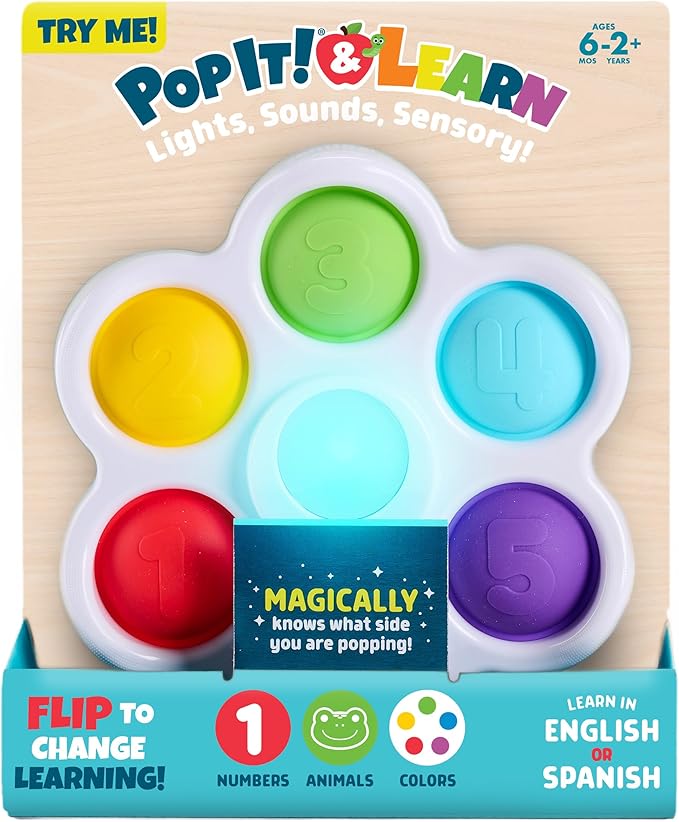 Chuckle & Roar - Pop It! and Learn - Educational and Electronic Popping Toy - Learn Numbers & Letters in Spanish or English - Great for Ages 6 Months to 2 Years
