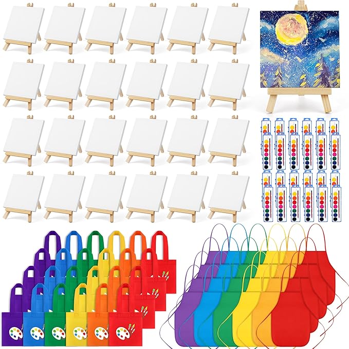 Aodaer 96 Pieces Valentine's Day Gift Mini Watercolor Paint Set Include 24 Set Colors Watercolor Paints Strip Palette Wooden Canvas Easels Canvas Tote Bags Aprons for Art Beginner Painting Supplies