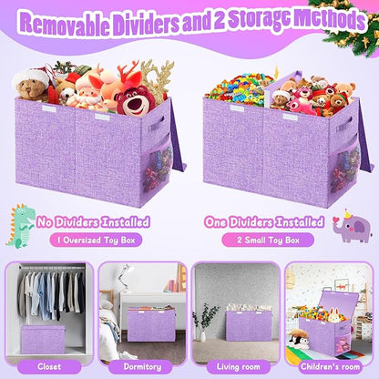 Large Toy Storage Box with Lid Divider, Sturdy Collapsible Toys Organizer Chest Kids Storage Bins Boxes Baskets for Boys, Girls, Nursery, Bedroom, Living Room, Playroom, 25"x13"x16", Purple
