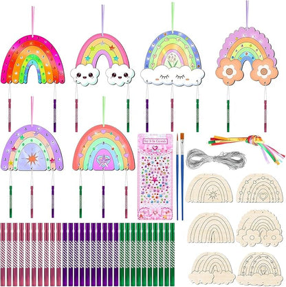 12 Pack Rainbow Wind Chime Kits DIY Wind Chime Crafts Make Your Own Wind Chimes DIY Coloring Wooden Art and Craft Gift for Girls Boys Spring Summer Home Classroom Party Activity Art Project