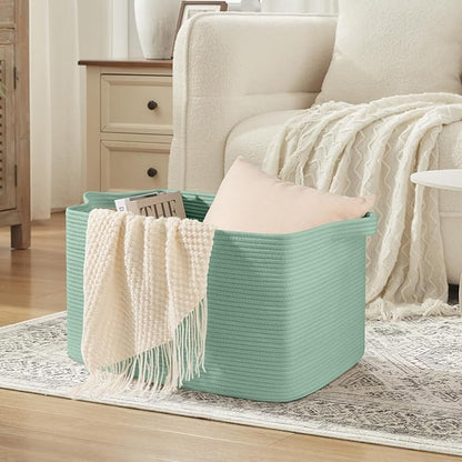 OIASKET 95L Extra Large Blanket Basket, 24" x 16.9" x 14.2" Woven Storage Basket for Living Room, Rectangle Nursery Blanket Storage for Toys, Towels, Dirty Clothes (Green)