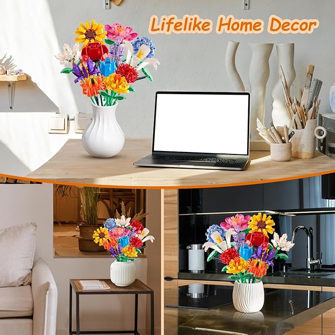 Flowers Bouquet Building Set (1064PCS), 12 Kinds Artificial Flowers Bouquet Set for Adults, Kids, Boys, Girls, Idea Gifts for Mother's Day, Birthdays, Creative Toys Kits Decor for Home Room