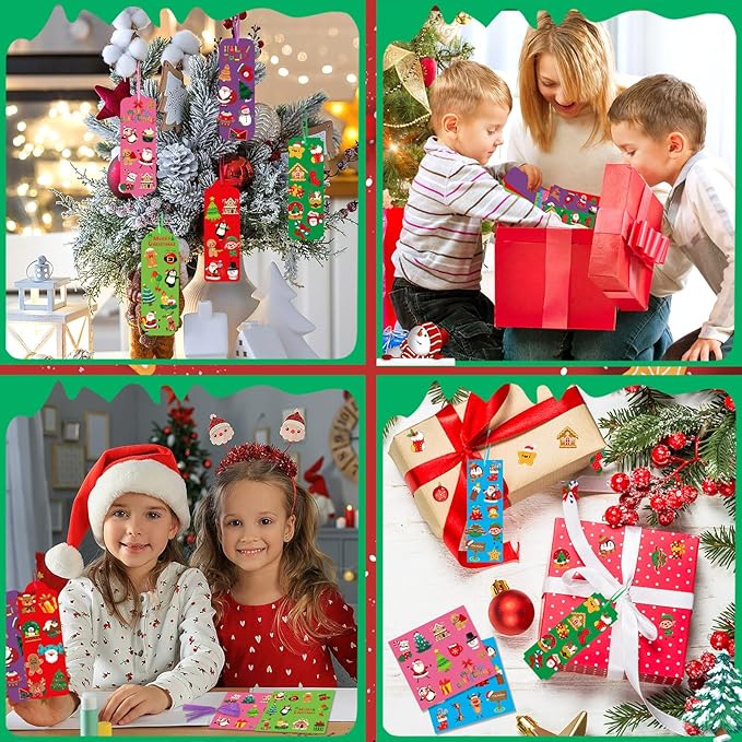 JUNEBRUSHS 30 Sets Christmas Craft Kits, DIY Christmas Bookmarks Craft with Assorted Snowman Santa Gingerbread Stickers Christmas Ornament Crafts Classroom Activities Party Favors
