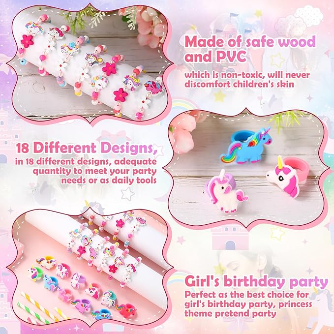 Tondiamo 48 Pcs Unicorn Ring Bracelet Set Include 12 Pcs Wooden Beaded Girls Unicorn Bracelets and 36 Pcs Silicone Unicorn Toy Rings Cute Girls Gifts for Unicorns Party Favors Birthday Goodies Bag