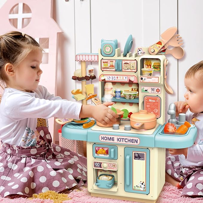 deAO Mini Kitchen Playset Toy,33 PCS Play Kitchen with Realistic Steam and Lights, Role Playing Game Pretend Food and Cooking Playset, Mini Kitchen Accessories Set for 3 4 Girls Boys