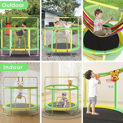Trampoline for Kids, Upgrade Full Anti-Rust 440lbsToddler Trampoline with Net,Upgraded Ring Legs with Adjustable Gymnastics Bar&Toys, Gifts for Ages 1-8 Boys&Girls