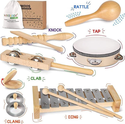 LOOIKOOS Toddler Musical Instruments, Eco Friendly Music Set for Kids Preschool Educational, Natural Wooden Percussion Instruments Musical Toys for Boys and Girls with Storage Bag