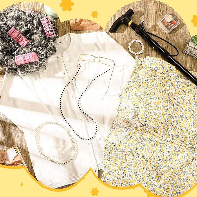 9 Pcs 100 Days of School Costume for Girls Old Lady Costume for Kids Grandma Wig Dress up Cosplay Accessories