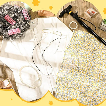 9 Pcs 100 Days of School Costume for Girls Old Lady Costume for Kids Grandma Wig Dress up Cosplay Accessories