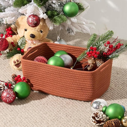 MiniArk Small Storage Baskets for Organizing | Closet Organizer Bins | Shelf Toy Basket | Woven Rope Baskets | Cube Decorative Box | Shallow Basket | 13x8.5x5.1” | 4 Packs Oxide Red