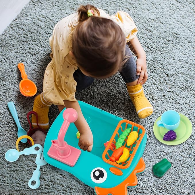 Ruibytree Play Kitchen Sink Toy, Water Toys for Kids with Electronic Dishwasher, Pretend Play Utensils Accessories and Play Cutting Food for Boys and Girls (Dinosaur)