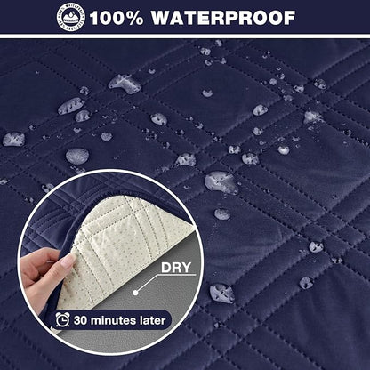 TAOCOCO 100% Waterproof Recliner Sofa Covers 3 Seater, Split Couch Covers for Reclining Couches for Kids Pets, Non Slip Reclining Couch Covers Furniture Protector with Straps(3 Seater, Navy Blue)