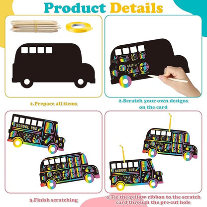 B1ykin School Bus Scratch Cards Gift - Back to School Magic Bus Scratch Paper Art Kit for Kids, DIY First Day of School Scratch Off Hanging Card Party Favors for Classroom Activity Art Project