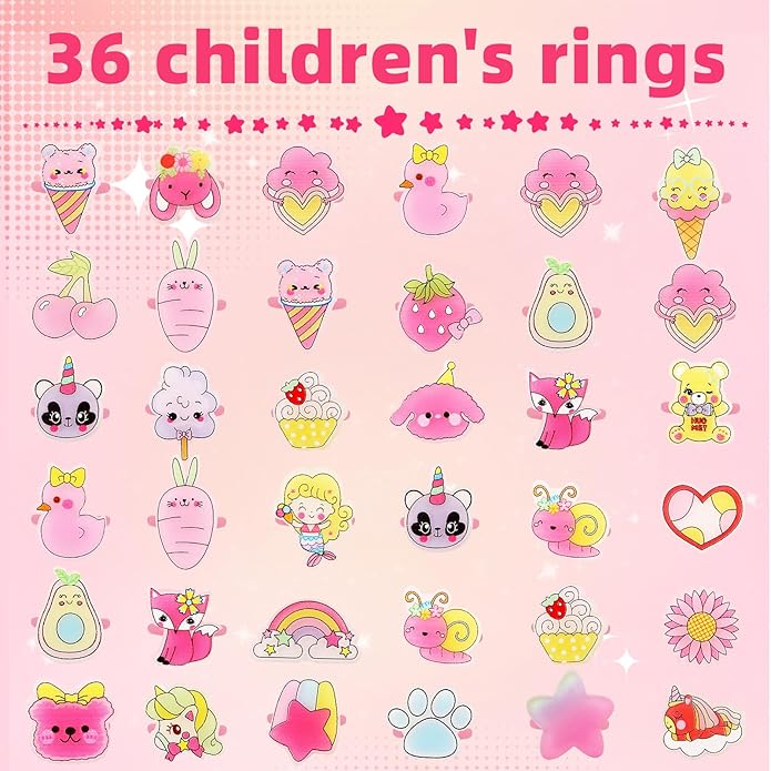 Little Girl Jewel Rings, Adjustable Pink Rings Girls Kids Pretend Play and Dress up Jewelry Set, Cute Rings with Display Case Party Favors Toys Gifts