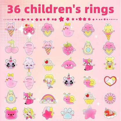 Little Girl Jewel Rings, Adjustable Pink Rings Girls Kids Pretend Play and Dress up Jewelry Set, Cute Rings with Display Case Party Favors Toys Gifts