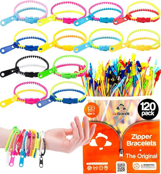 UpBrands 120 Students Incentives Friendship Zipper Bracelets 7.5”, Easter Favors for Kids, Stress Relief Quiet Fidget Toys, Kit for Kids Valentine Gifts, Goodie Bags, Easter Egg Fillers, School Prizes