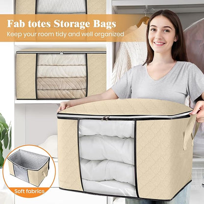 Fab totes 24 Gallons Clothes Storage, Foldable Thick Fabric Blanket Storage Bags, Containers for Organizing Bedroom, Closet, Clothing, Comforter, Organization with Handle (3 Pack,Beige)