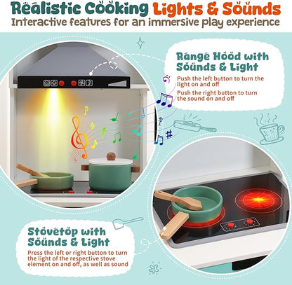 CUTE STONE Play Kitchen for Kids, Wooden Kitchen Playset with Real Lights & Sounds, Toy Kitchen Set with Cookware Accessories, Chef Pretend Play Kitchen Set for Toddlers Girls Boys