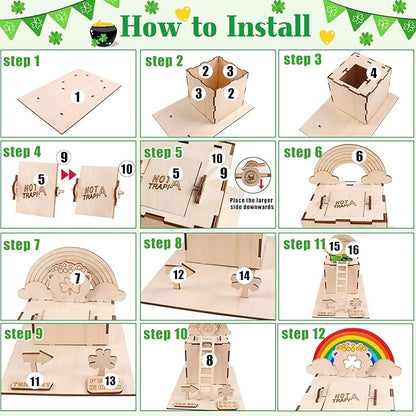 RGJ St Patrick's Day Leprechaun Trap Kit for Kids, Wooden DIY Leprechaun Trap Craft Kit to Catch A Leprechaun, St Patrick's Day Decorations for Kids Party Supplies (Unfinished Painted)