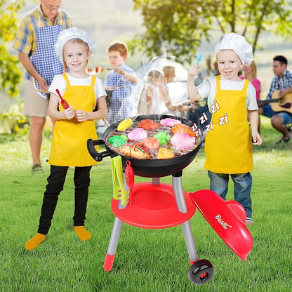 deAO Kids BBQ Grill Playset,36 Pcs Kitchen Toy with Realistic Smoke,Light,6Pcs Change Color Pretend Foods,Cutting Foods Toys,Interactive BBQ Toy Set for Kids