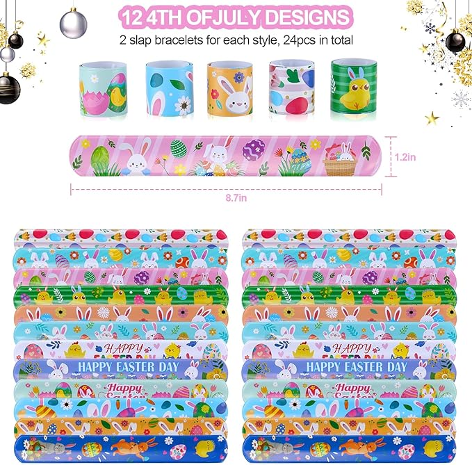 xutengy 48Pcs Easter Party Favors Decorations Slap Bracelets Rubber Wristbands for Kids Girls Boys，Easter Basket Stuffers Easter Egg Fillers Gifts for Toddlers