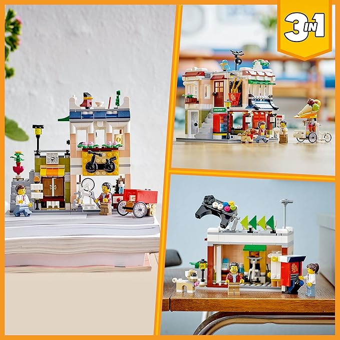 LEGO Creator 3 in 1 Downtown Noodle Shop House, Transforms from Noodle Shop to Bike Shop to Arcade, Modular Building Set, Toy Gift for Kids 8 Years and Up, 31131