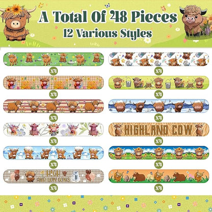 48 PCS Highland Cow Slap Bracelets Highland Cow Party Favors Cartoon Animals Party Wristbands for Kids Boys Girls Cow Baby Shower Party Supplies Birthday Party Carnival Prizes Gifts Classroom Rewards