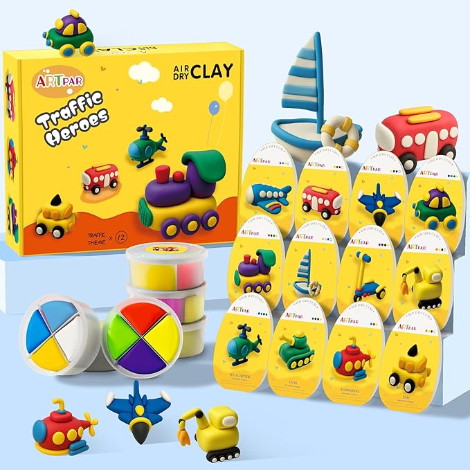ARTPAR Kids Air Dry Clay Ocean and Transportation Set Combo, 12 Boxes of Modeling Magic Clay with Easy Tutorial Sculpting Tools, Soft & Non-Sticky, Classroom Prizes Birthday Party Gifts for Boys Girls
