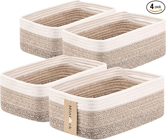 MiniArk Small Storage Baskets for Organizing | Closet Organizer Bins | Shelf Toy Basket | Woven Rope Baskets | Cube Decorative Box | Shallow Basket | 13x8.5x5.1” | 4 Packs Gradient Brown