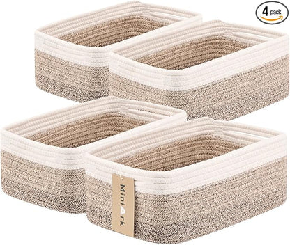MiniArk Small Storage Baskets for Organizing | Closet Organizer Bins | Shelf Toy Basket | Woven Rope Baskets | Cube Decorative Box | Shallow Basket | 13x8.5x5.1” | 4 Packs Gradient Brown