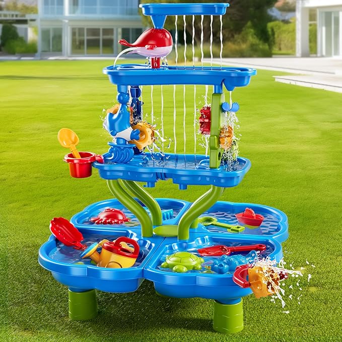 4-Tier Water Table for Toddlers 1-3 3-5, Sand Beach Water Table Toys for Kids, Water and Sand Sensory Table Beach Outdoor Birthday Gifts Toys for Kids Toddlers Age 3 4 5 6 7 8 Boys Girls