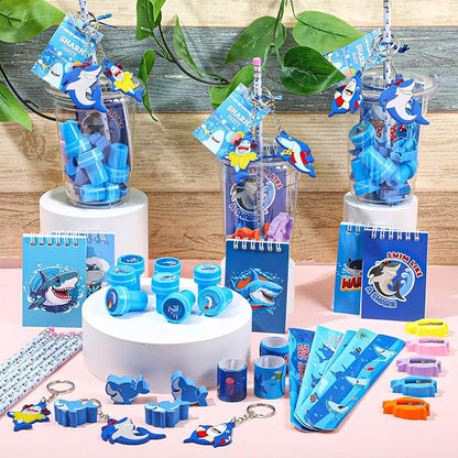 Colarr 161 Pcs Shark Party Favor Shark School Stationery Set Includes Gift Cup Notebook Pencil Sharpener Eraser Keychain Stamp Slap Bracelet Sticker Card for Shark Birthday Supplies